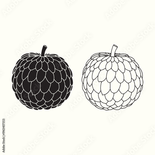 Two illustrations of sugar apple fruits one solid black and one with a patterned texture