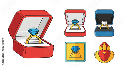 Colorful illustration of engagement rings displayed in various jewelry boxes