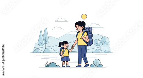 An illustrated mother and daughter holding hands and wearing backpacks walk through a stylized outdoor landscape with mountains and trees.