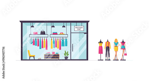 An illustrated modern boutique storefront with a glass facade displays colorful clothing inside and four mannequins showcasing outfits outside.
