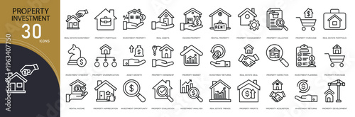 Property investment icons set representing real estate investment, property buying, selling, rent, mortgage, assets, profit, housing market and financial growth in clean outline style.