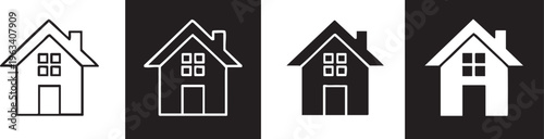 Collection of house icons in outline and solid styles simple vector graphics for real estate or home services isolated on black and white backgrounds
