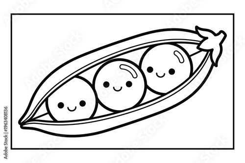 Three cute happy peas sitting inside a long open pea pod shell