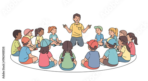 Kids sitting in circle, children education, classroom illustration, teacher leading discussion