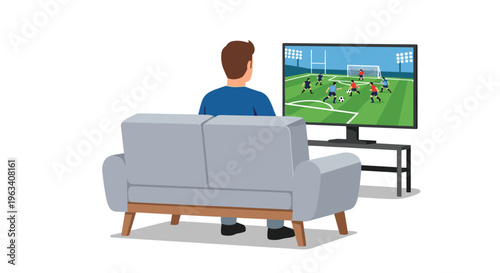 An illustrated person sits on a grey sofa watching a soccer game on a TV with a dark stand against a plain white background.