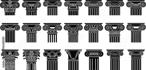 Ancient Greek and Roman column capital set featuring ionic and corinthian architectural elements for historical design projects classic building silhouette vector icons collection.
