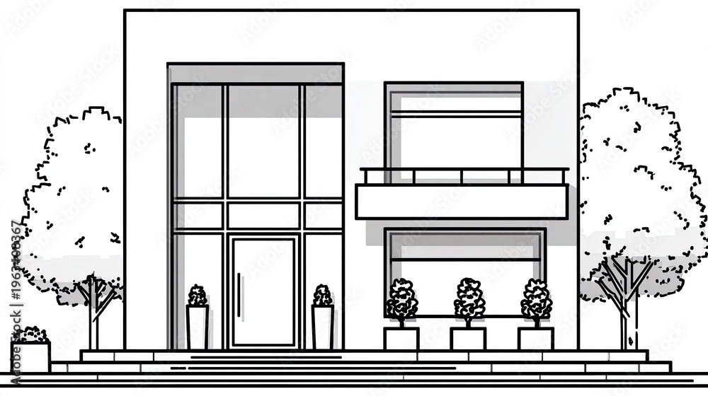 Fototapeta premium Contemporary dwelling facade features large windows and surrounding landscaping elements