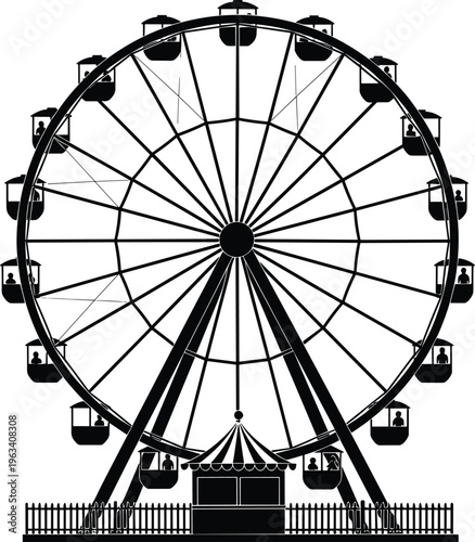 Detailed black silhouette of a ferris wheel vector illustration isolated on white background for amusement park carnival and fairground entertainment festival design,
