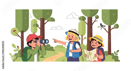 Children hiking, kids exploring nature, outdoor adventure, educational excursion