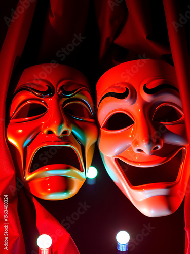 Tragic and comic theater masks with colorful contrast lighting