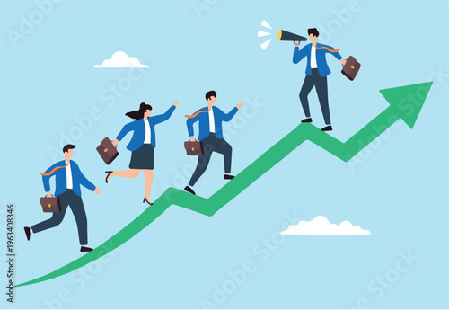 Flat illustration of businessman with megaphone motivate employee to walk up arrow symbolizing career inspiration
