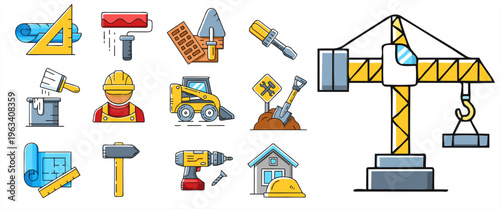 Construction icons set with crane, worker, tools, and heavy machinery in clean line art with color fill style.