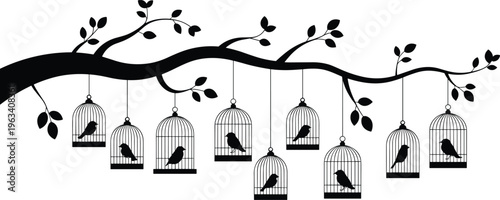 Bird Cages Hanging on Tree Branch Silhouette, Black Birdcage Vector Illustration Set, Nature Freedom Symbol on White Background