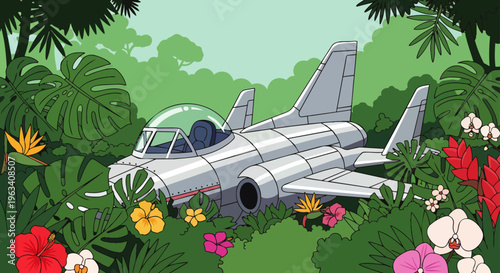 a crashed airplane lies hidden in a vibrant tropical jungle with lush foliage and exotic flowers perfect for adventure stories.