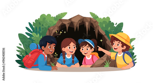 Children exploring cave, kids adventure, cartoon illustration, educational excursion
