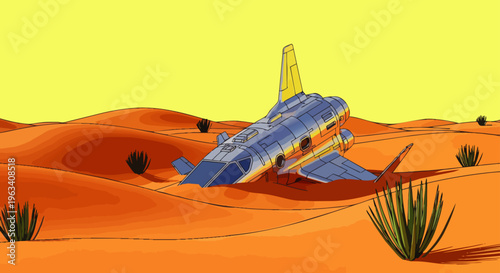 a crashed futuristic sci-fi spaceship is partially buried in the vast desert sand dunes under a bright yellow sky depicting exploration.