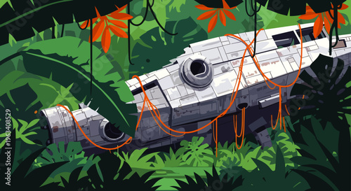 a crashed futuristic spaceship overgrown with vines in a lush tropical jungle illustrating forgotten alien technology and mystery.