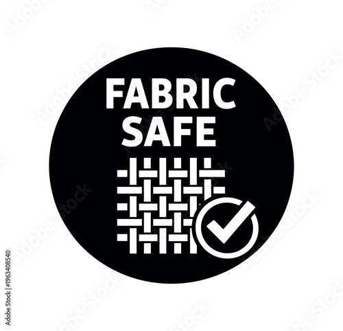 Minimal black round badge showing a woven fabric pattern and a checkmark with the words "fabric safe" for upholstery or textile-safe cleaning information.