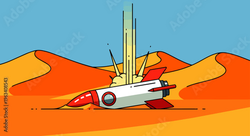 a crashed rocket or spaceship lies horizontally in a vast desert landscape with sand dunes emitting smoke from a forced landing.