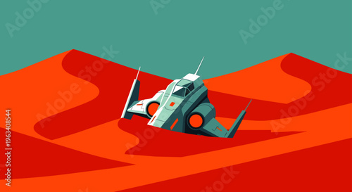 a crashed futuristic spaceship rests among vibrant red sand dunes an alien desert landscape for sci-fi exploration.