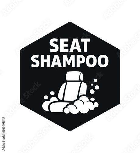 Hexagonal black badge showing a car seat surrounded by soap suds and the text "seat shampoo".