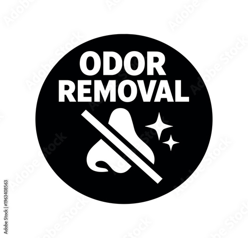 Black circular icon with a crossed-out nose-like smell symbol and sparkles plus the words "odor removal" indicating odor elimination for cleaning products or services.