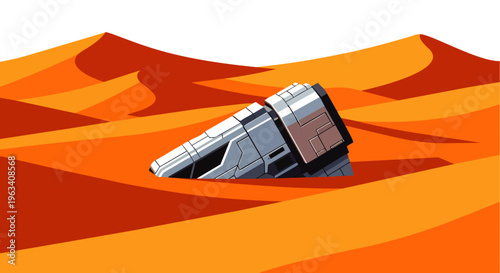 a crashed spaceship half-buried in a vast desert landscape with sand dunes perfect for sci-fi and exploration concepts