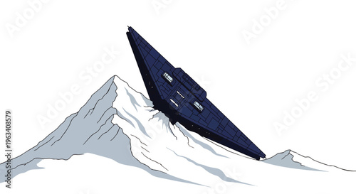 a crashed spaceship discovered on a snowy mountain an arctic landscape scene evoking themes of science fiction and alien technology.