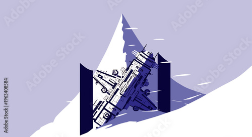 a crashed spaceship lies buried in a snowy mountain landscape minimalist vector art depicting a winter accident.