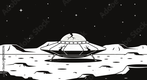 a crashed ufo a damaged flying saucer on a desolate moon landscape evokes mysterious alien space exploration.