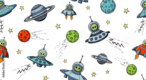 cute cartoon alien characters in spaceships and colorful planets create a fun seamless space pattern for kids and textiles