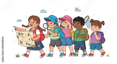 Children hiking, kids outdoors, group of children, outdoor adventure, exploration