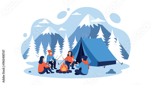 Group of friends camping and roasting marshmallows around a campfire in a snowy winter mountain landscape scene.