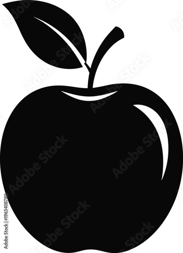 Black and white apple fruit silhouette vector illustration with leaf, healthy food icon isolated on black background for design, comma.
