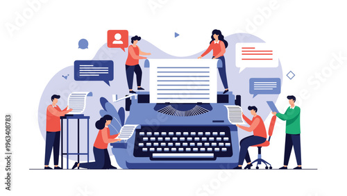 Creative writers and editors working on a giant typewriter with speech bubbles and documents to illustrate publishing.