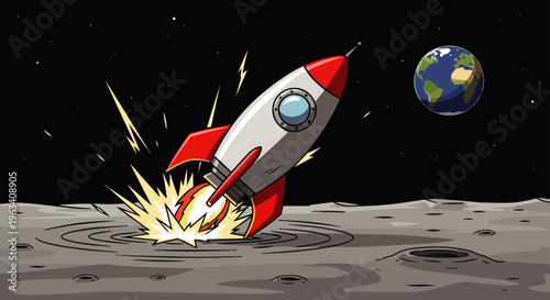 rocket launch space exploration a cartoon rocket blasting off from the moons surface with earth illustrating adventure and technology.