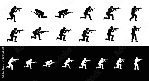 Set of Soldier Silhouettes in Various Combat Stances