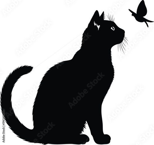 Black Cat Silhouette Vector Illustration Featuring a Sitting Feline Watching a Flying Butterfly for Animal Nature Pet and Garden Concepts