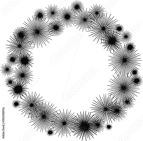 Abstract black starburst and sunburst shapes arranged in a circular wreath frame on a white background for creative graphic design.