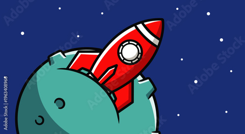 rocket launching from a mint green moon into starry space symbolizing future exploration and startup growth.