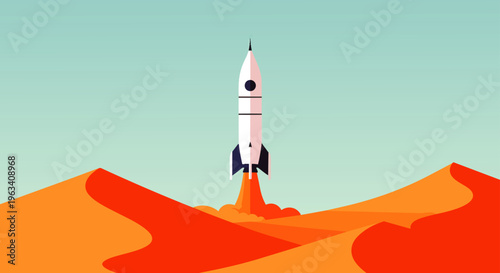 rocket launching from desert dunes illustrating future technology and space exploration for startup concepts and new beginnings.