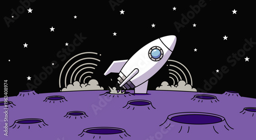 rocket launching from purple cratered moon surface under starry sky in cartoon style illustrating outer space exploration.