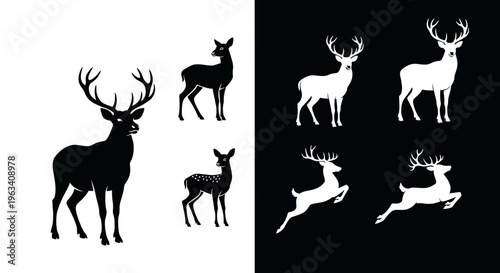 Set of Deer Silhouettes in Black and White