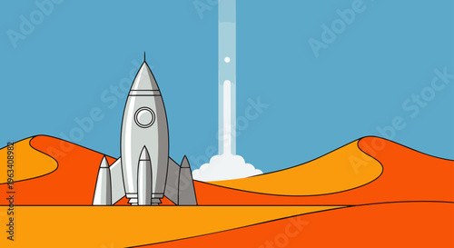 rocket space exploration spaceship standing on a mars desert landscape with a launch plume illustrating future adventure and discovery