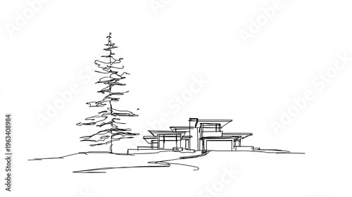 Hand drawn architectural sketch depicts a modern residence beside a tall evergreen tree.