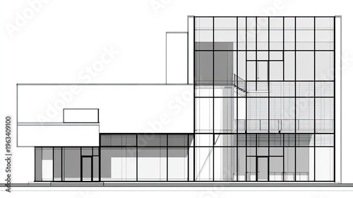 Modern commercial structure elevation drawing showcases mixed facade elements