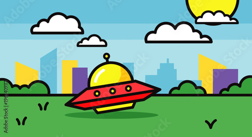 a cartoon ufo flying saucer illustration landed in a vibrant green city park with a modern cityscape background.