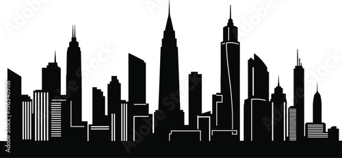 Black and white city skyline silhouette vector illustration featuring modern skyscrapers and urban buildings isolated on a clean white background