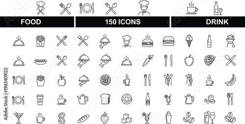 Large collection of black linear food and drink icons including restaurant symbols cafe signs kitchen tools and various grocery items.