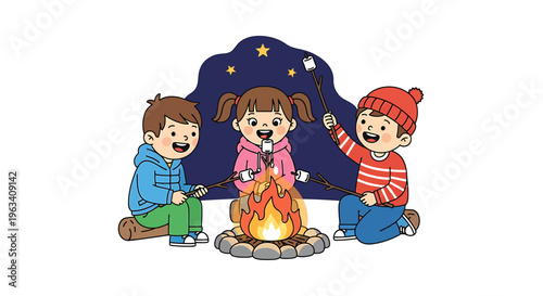 Camping, kids sitting around campfire, cartoon illustration, outdoor fun, nighttime adventure